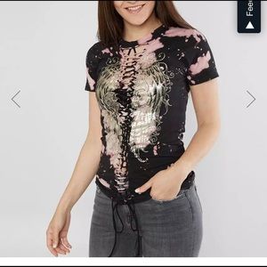 Affliction Lace Fleur Gold Foil Tie Dye Tee XL